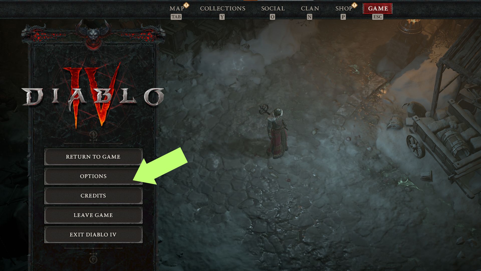 Navigate to the Options menu to find the option to add a glow to your character in Diablo IV. 