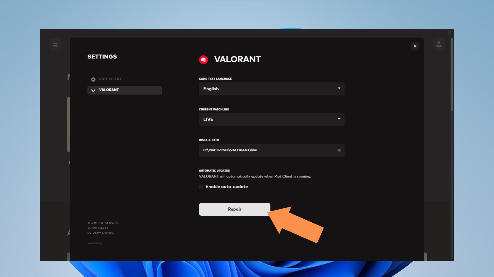 Repair Valorant if you're experiencing black screen problems. 