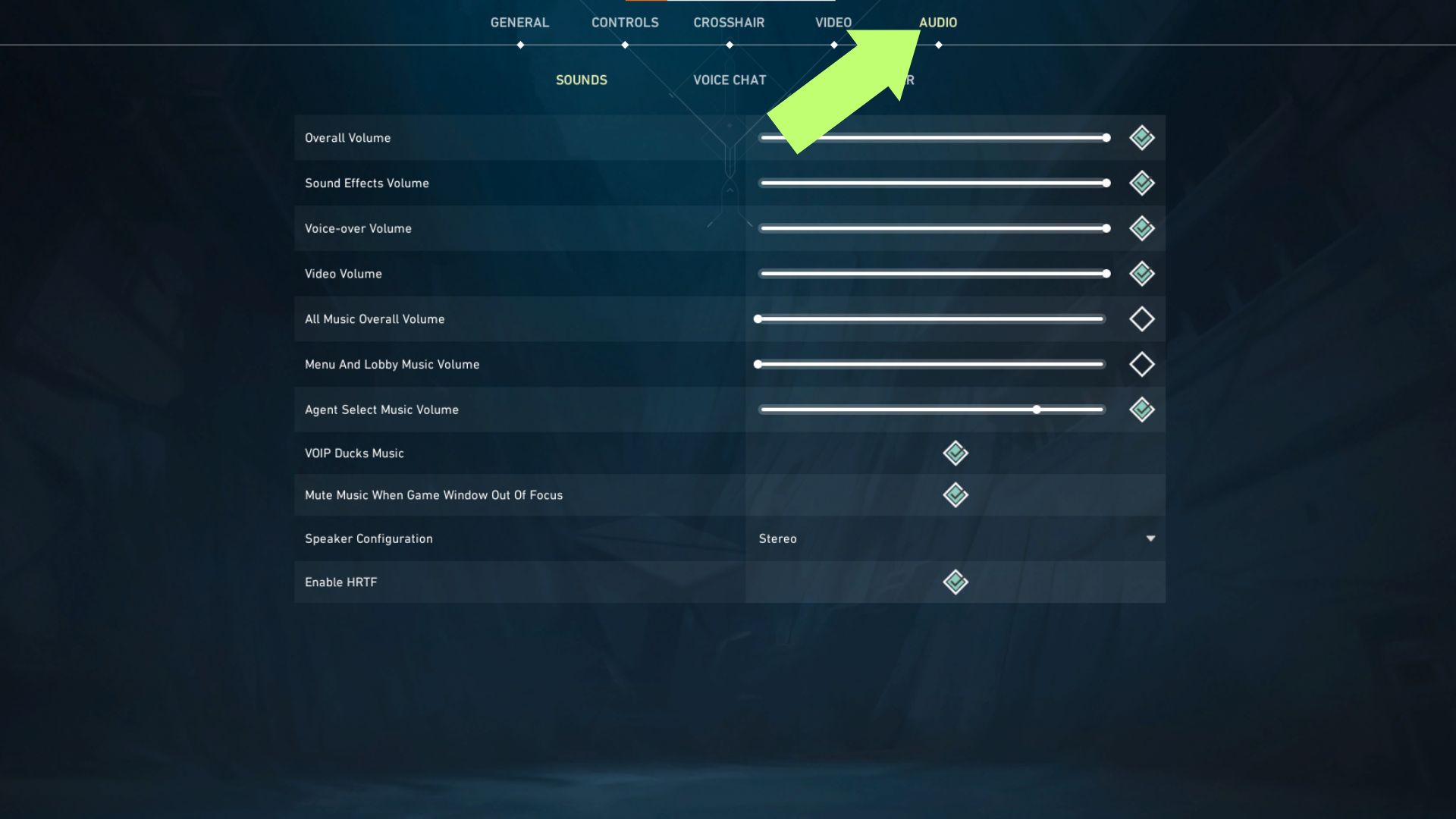 A screenshot showing the Audio tab in the Settings Menu in Valorant