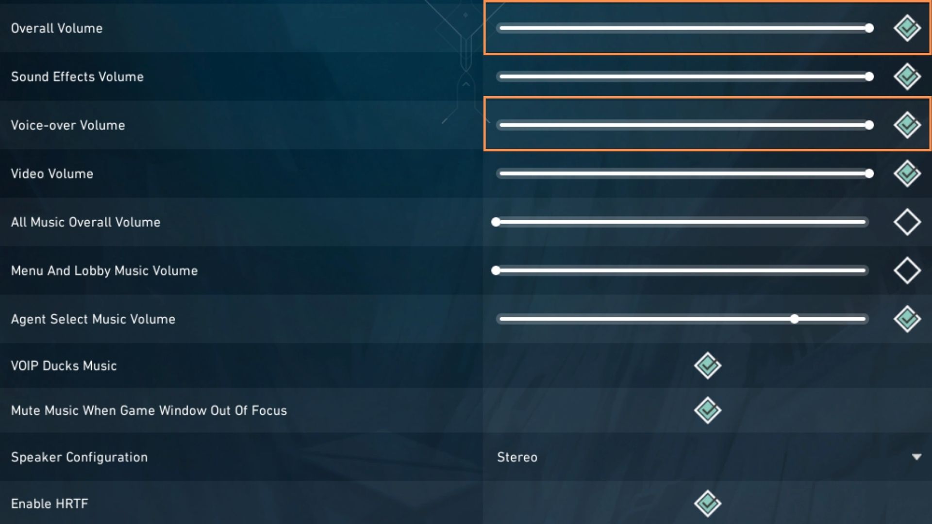A screenshot showing the audio settings in Valorant