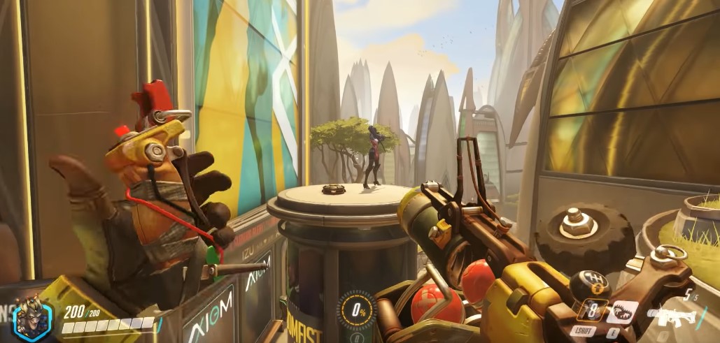A screenshot showing the first-person view when playing as Junkrat in Overwatch 2