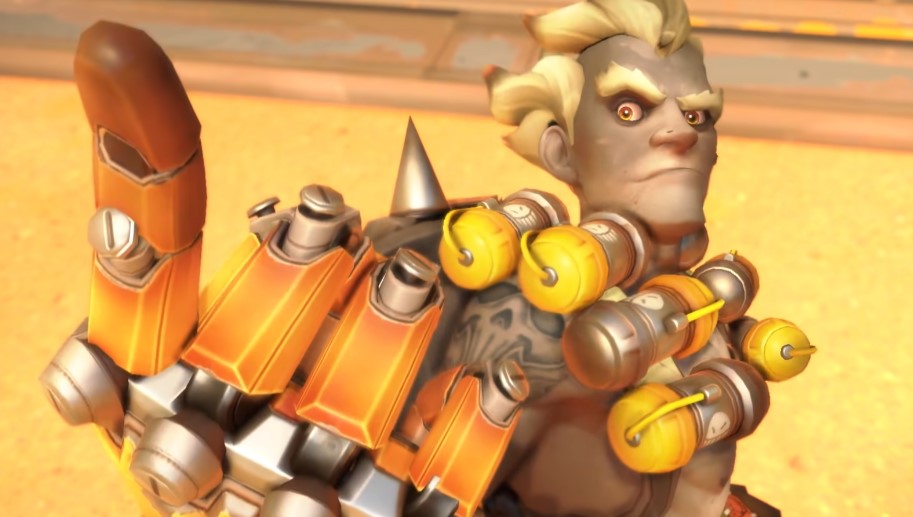 A screenshot showing Junkrat facing the camera with his pointer finger up in Overwatch 2