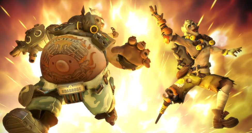 A screenshot showing Junkrat running away from a giant explosion in Overwatch 2