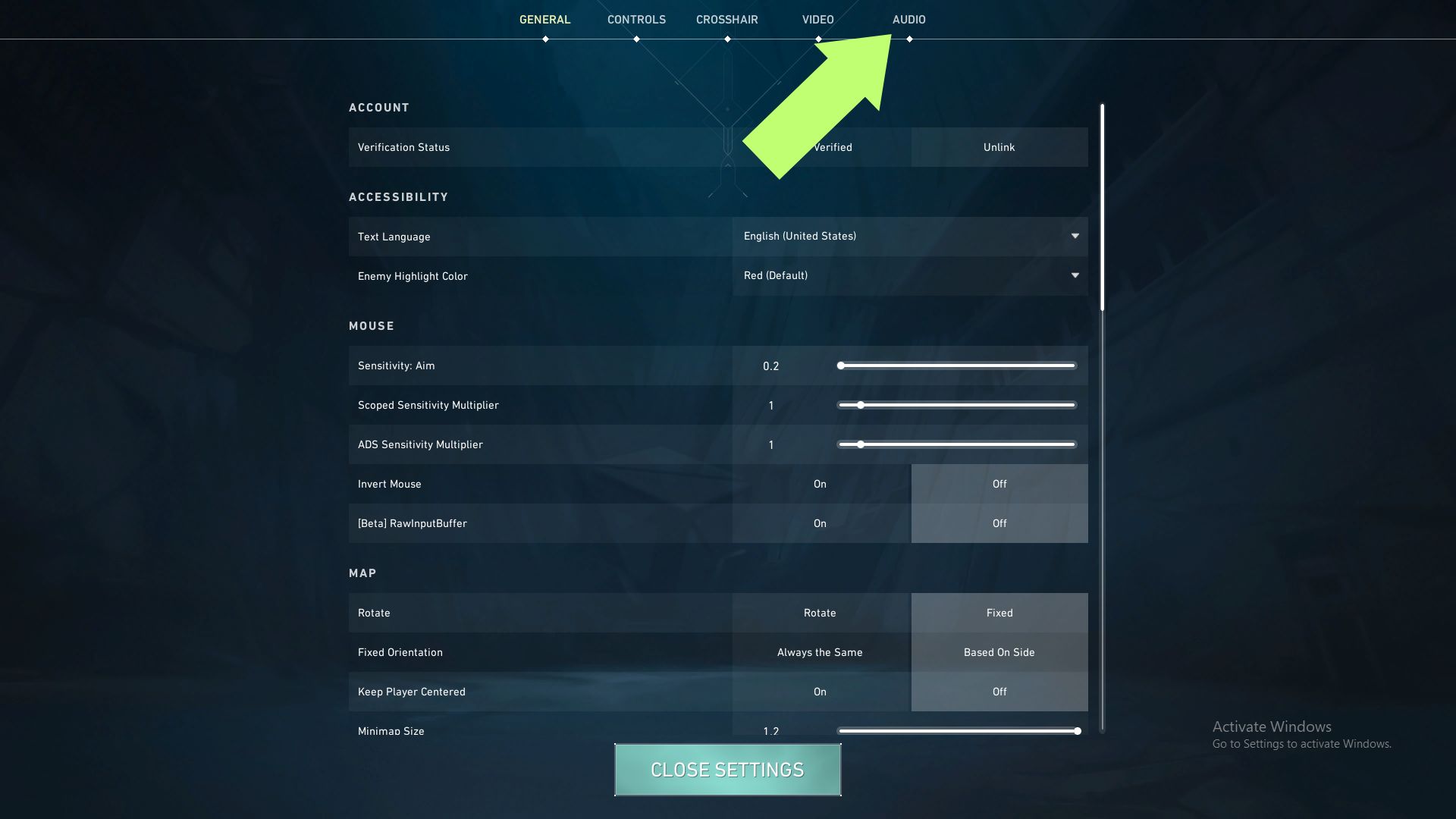 A screenshot of the Settings Menu in Valorant