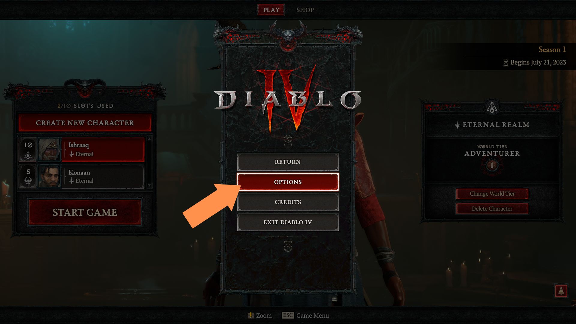 A screenshot of the Diablo IV main screen