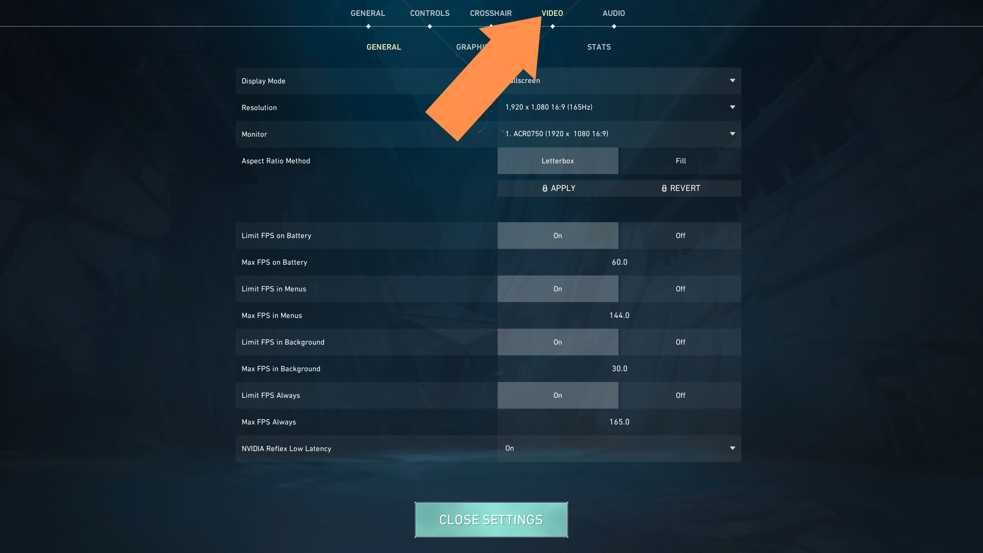A screenshot of Valorant's settings menu