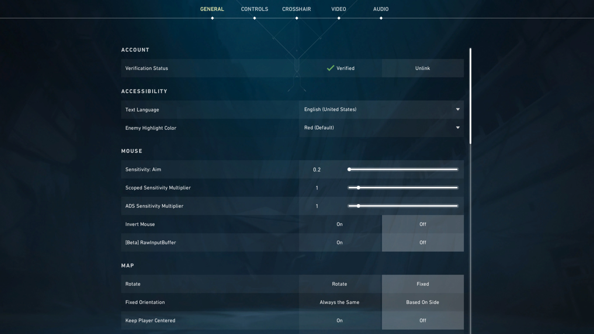 A screenshot of the settings menu in Valorant