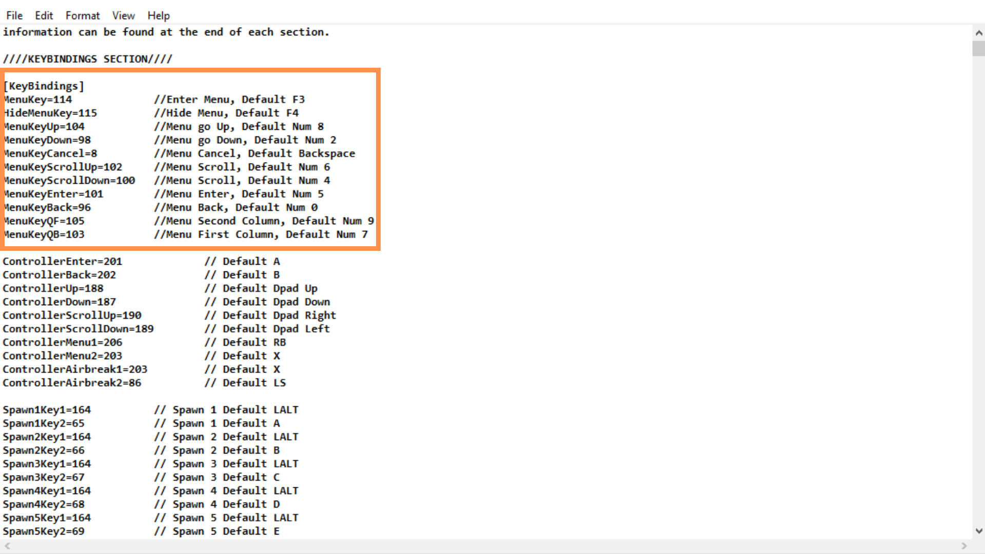 A screenshot showing the number codes for the keybindings in the trainerv.ini file