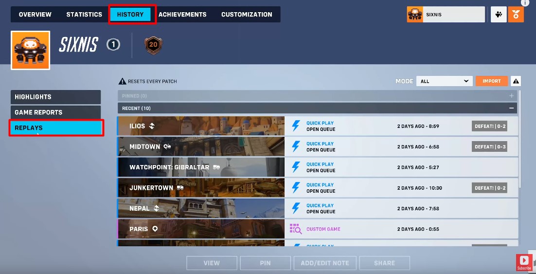 A screenshot of the History tab in the character menu of Overwatch 2