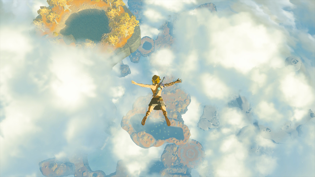 A screenshot of Link falling from the sky in Tears of the Kingdom