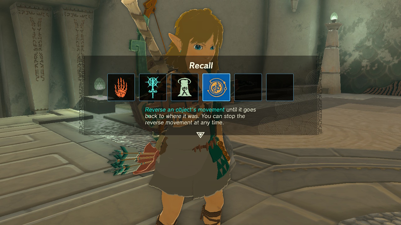 A screenshot showing Link's Recall Ability in Tears of the Kingdom