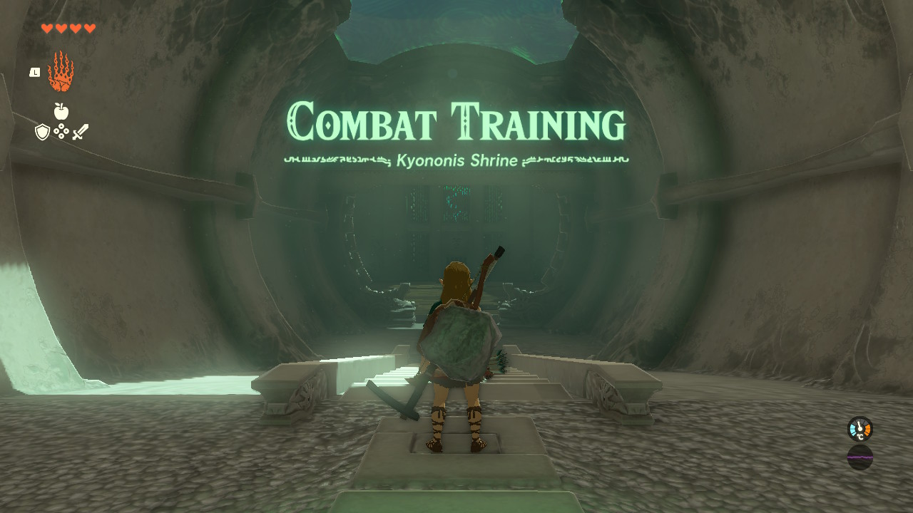 A screenshot of the entrance to the Kyononis Shrine in Tears of the Kingdom