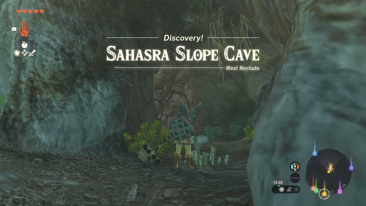 A screenshot showing the Sahasra Slope Cave in Tears of the Kingdom