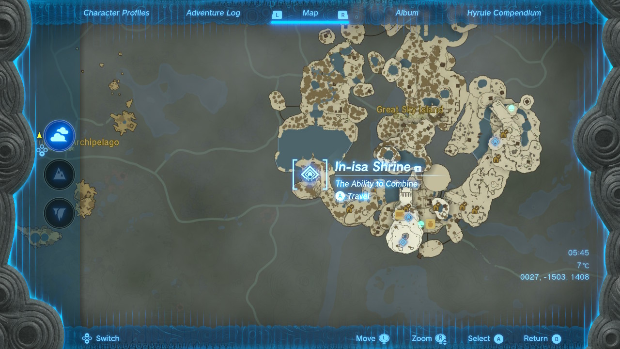 A screenshot showing the In-Isa Shrine on the map in Tears of the Kingdom