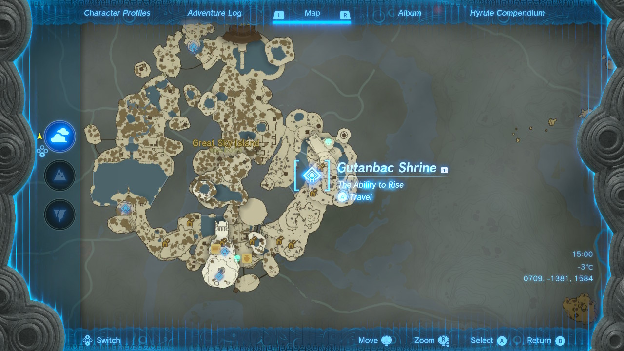 A screenshot of the Gutanbac Shrine on the map in Tears of the Kingdom