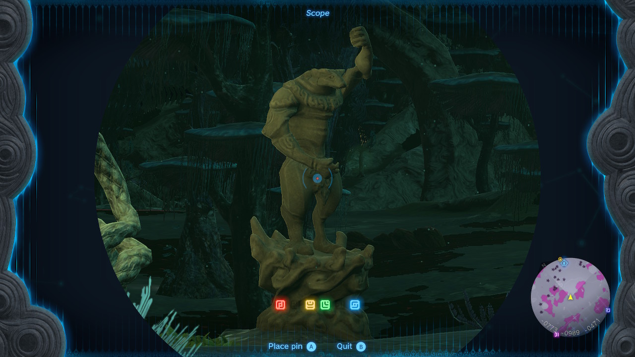 A screenshot showing the Layusus Lightroot statue in Tears of the Kingdom