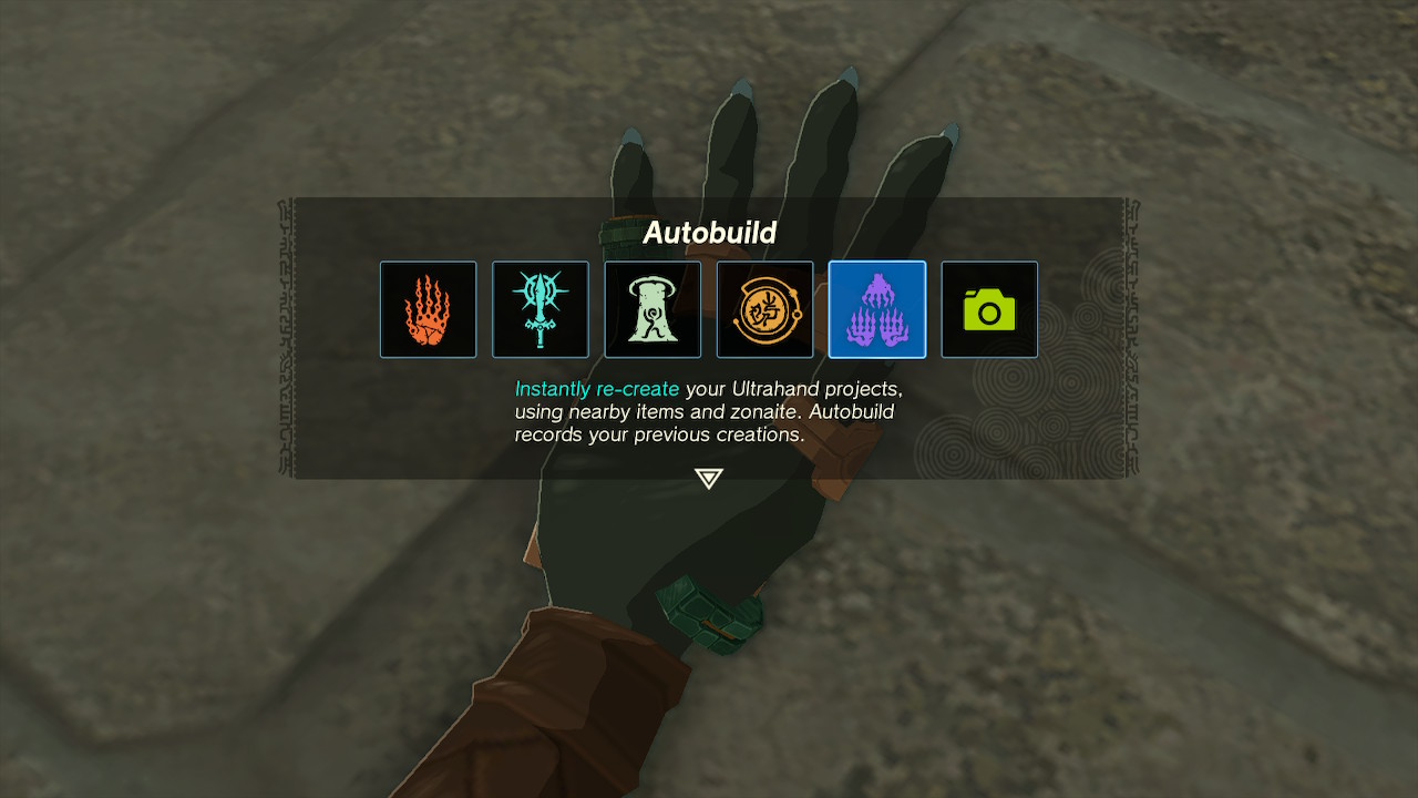 A screenshot of the autobuild ability in Tears of the Kingdom