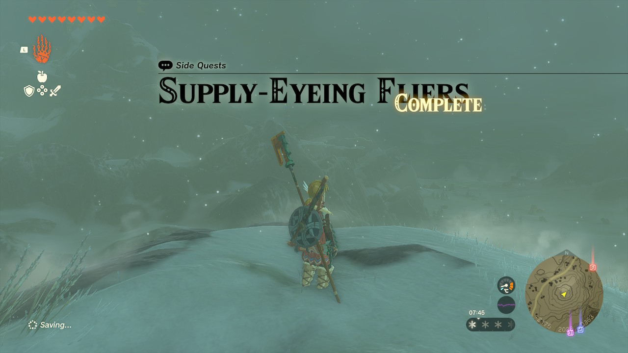 A screenshot showing the Supply-Eyeing Fliers complete screen in Tears of the Kingdom
