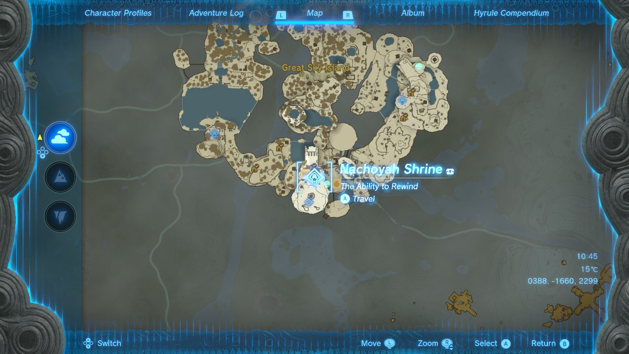 A screenshot showing the Machoyah Shrine pinned on the map in Tears of the Kingdom