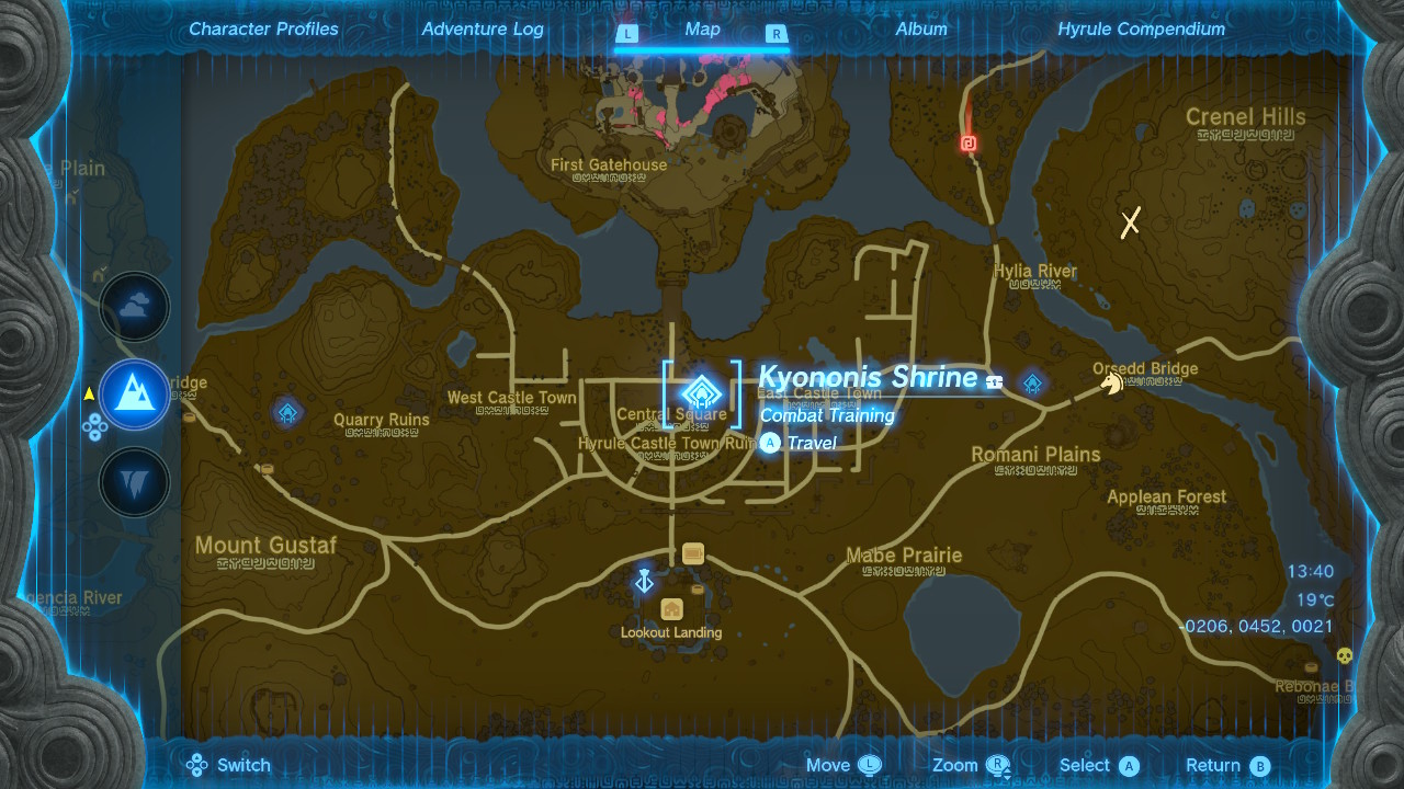 A screenshot of the Kyononis Shrine on the map in Tears of the Kingdom