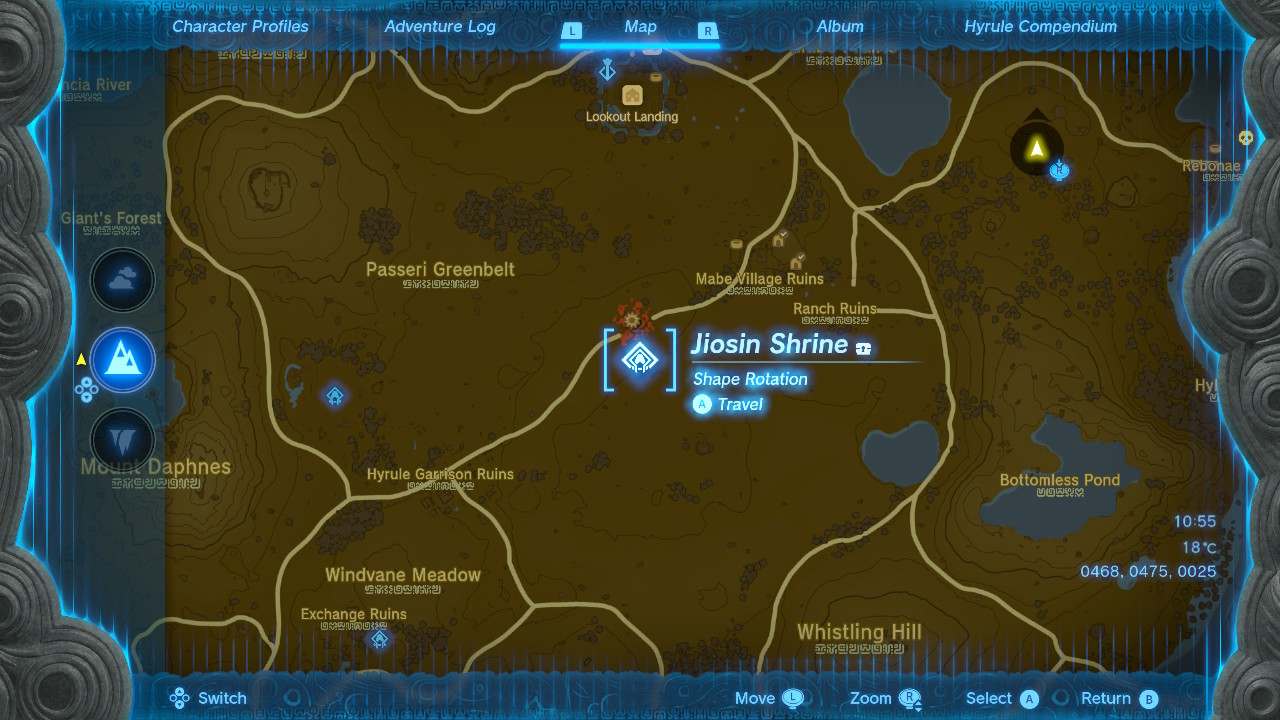 A screenshot showing Jiosin Shrine on the map in Tears of the Kingdom