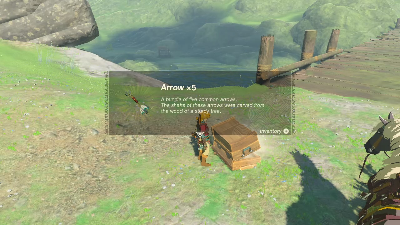 A screenshot showing Link finding arrows in a chest in Tears of the Kingdom