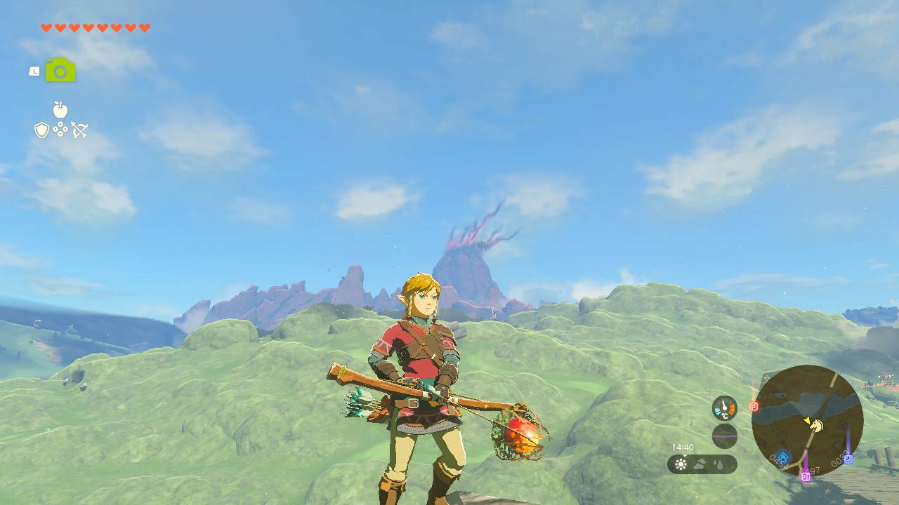 A screenshot showing Link holding a bow in Tears of the Kingdom