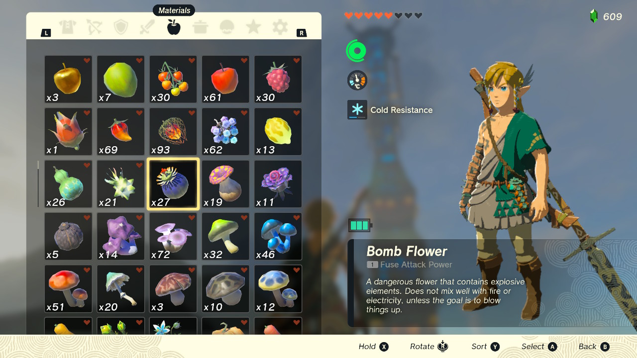 A screenshot of Link's invenotry in Tears of the Kingdom