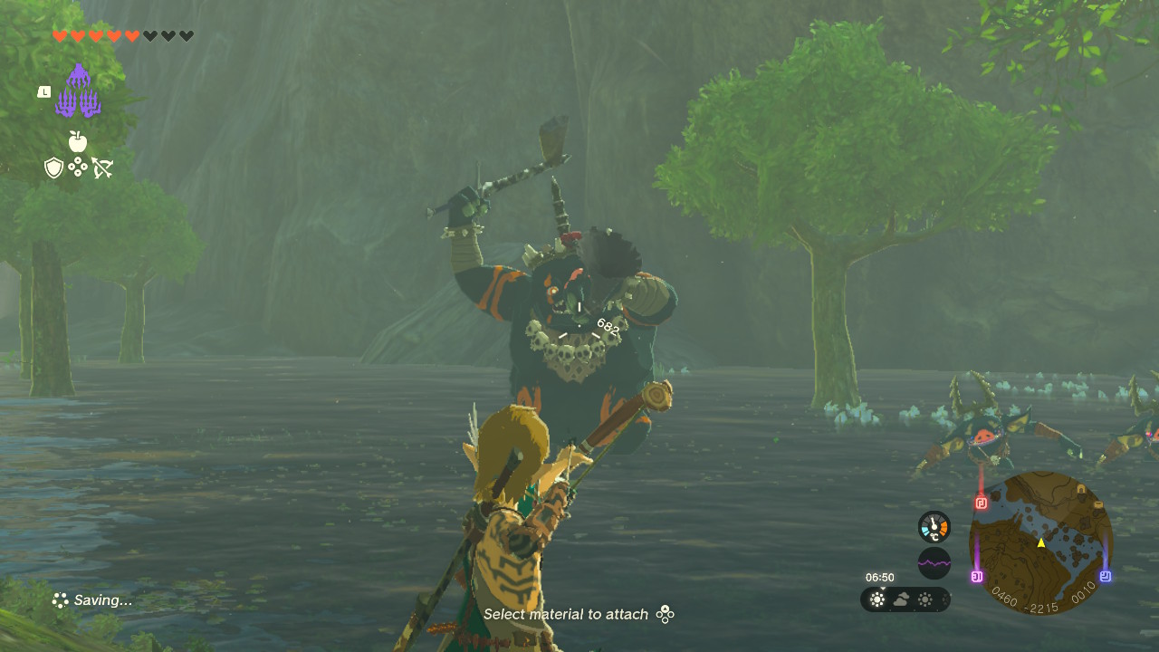 A screenshot of Link fighting an enemy in Tears of the Kingdom
