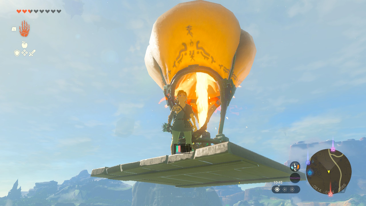 A screenshot showing a hot air balloon in Tears of the Kingdom