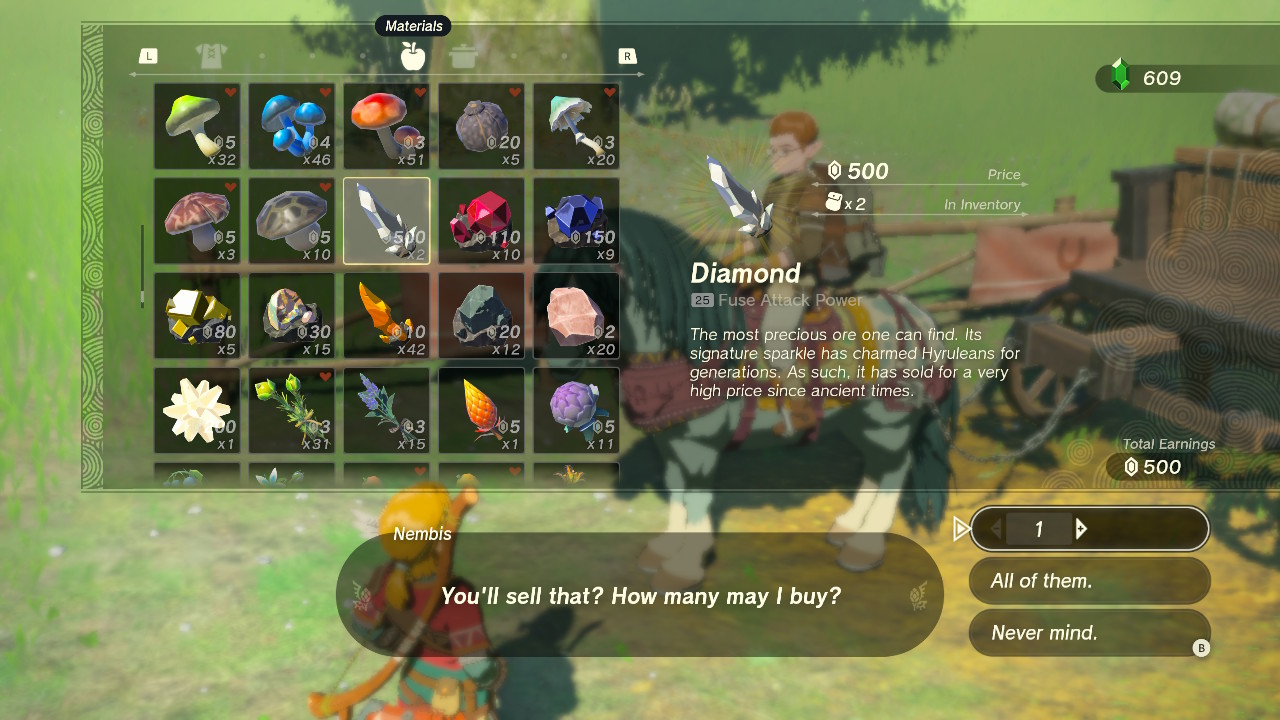 A screenshot showing a shop inventory in Tears of the Kingdom