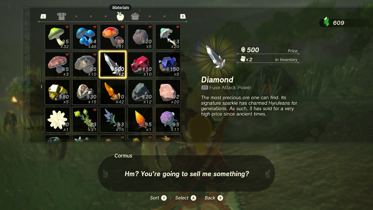 A screenshot showing a seller's inventory in Tears of the Kingdom
