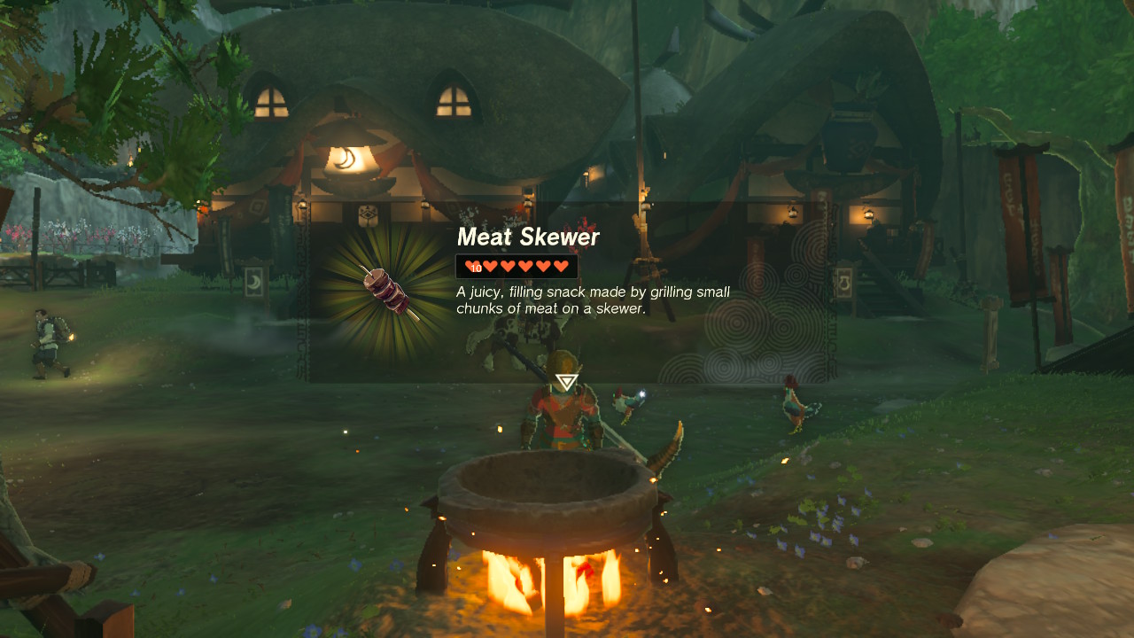 A screenshot showing a meat skewer in Tears of the Kingdom