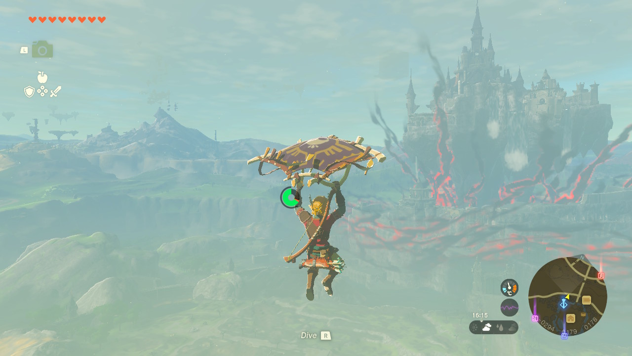 A screenshot showing Link using the Paraglider in Tears of the Kingdom