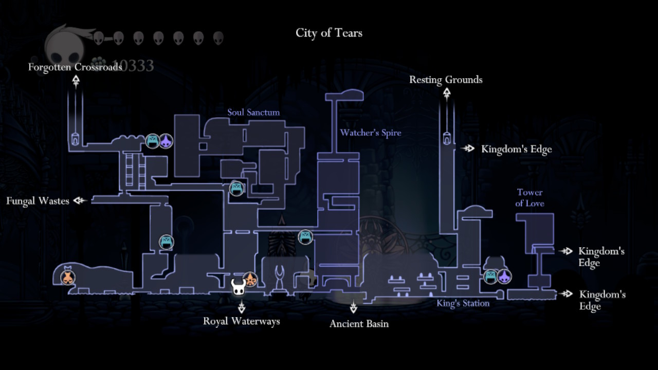 A screenshot of the Royal Waterway access point on the map in Hollow Knight