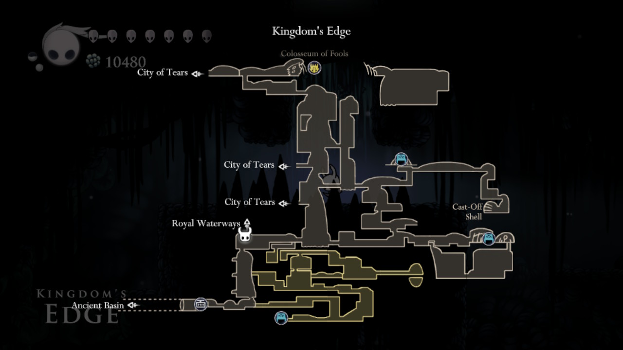 A screenshot of the Royal Waterway access point on the map in Hollow Knight