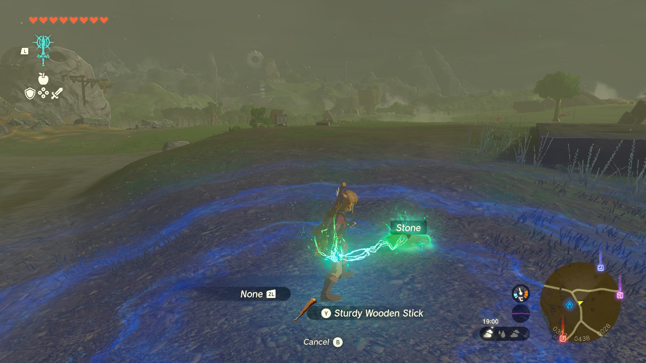 A screenshot of Link picking up a rock with the Ultrahand ability in Tears of the Kingdom