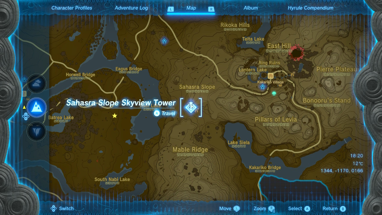 A screenshot of the Sahasra Slope Skyview Tower pinned on the map in Tears of the Kingdom