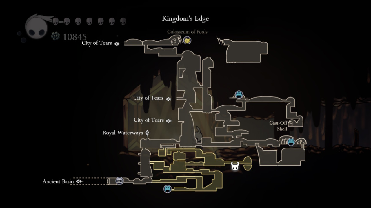 A screenshot of the Hiveblood Charm's location in Hollow Knight