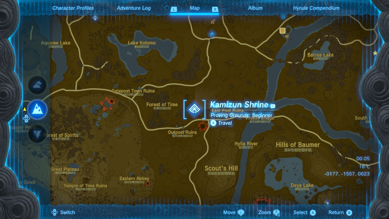 A screenshot of Kamizun Shrine on the map in Tears of the Kingdom