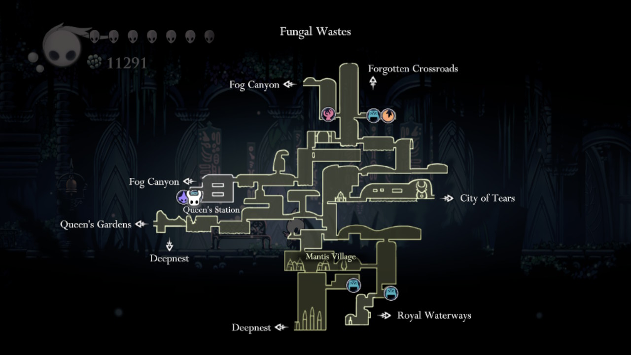 A screenshot of getting to Mantis Village from the Queen's Station in Hollow Knight