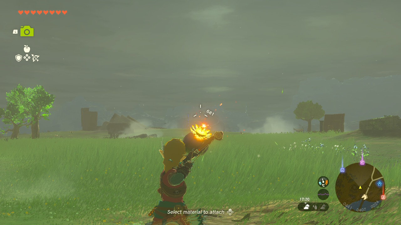 A screenshot showing Link firing a bomb from his slingshot in Tears of the Kingdom