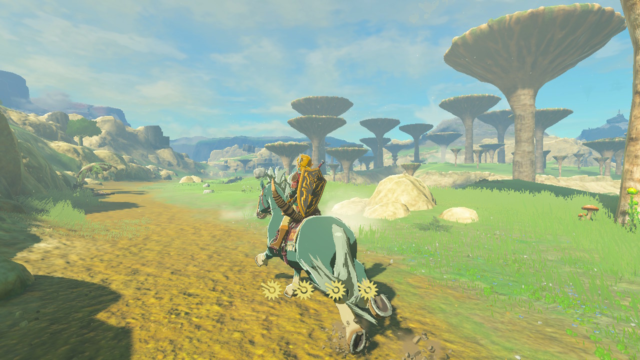 A screenshot of Link riding on a hors towards Hyrule Ridge