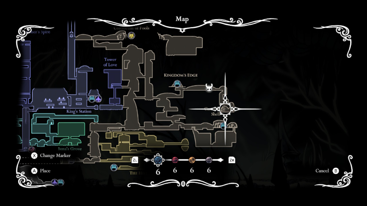 A screenshot showing where to find the King's Brand on the Hollow Knight map