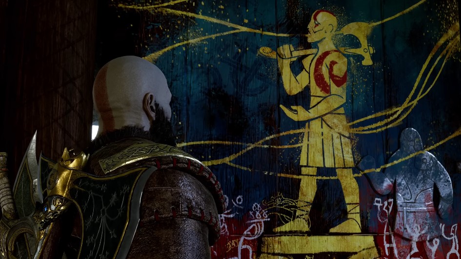 A screenshot of Kratos looking at a mural in God of War: Ragnarok