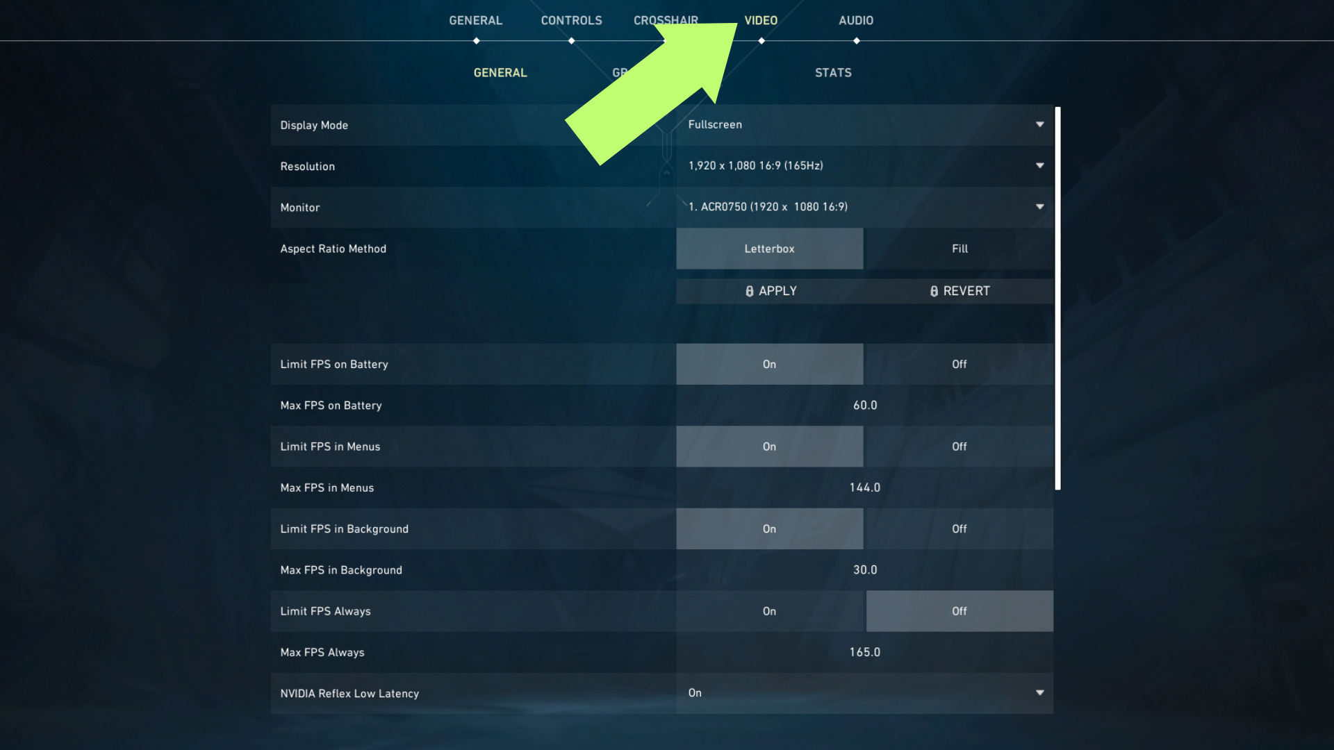 A screenshot of the Video tab in the settings menu in Valorant