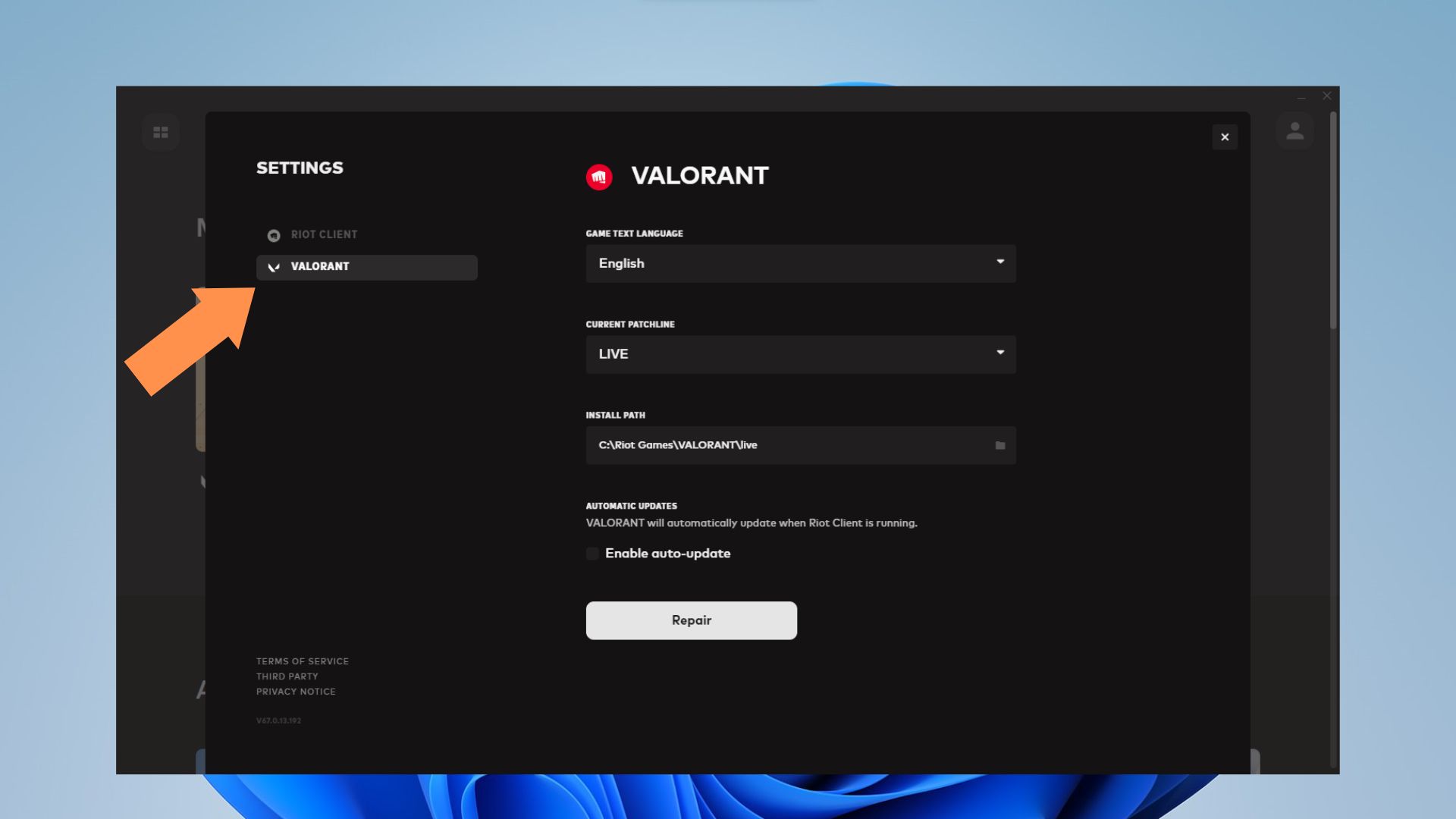 A screenshot of the Valorant settings