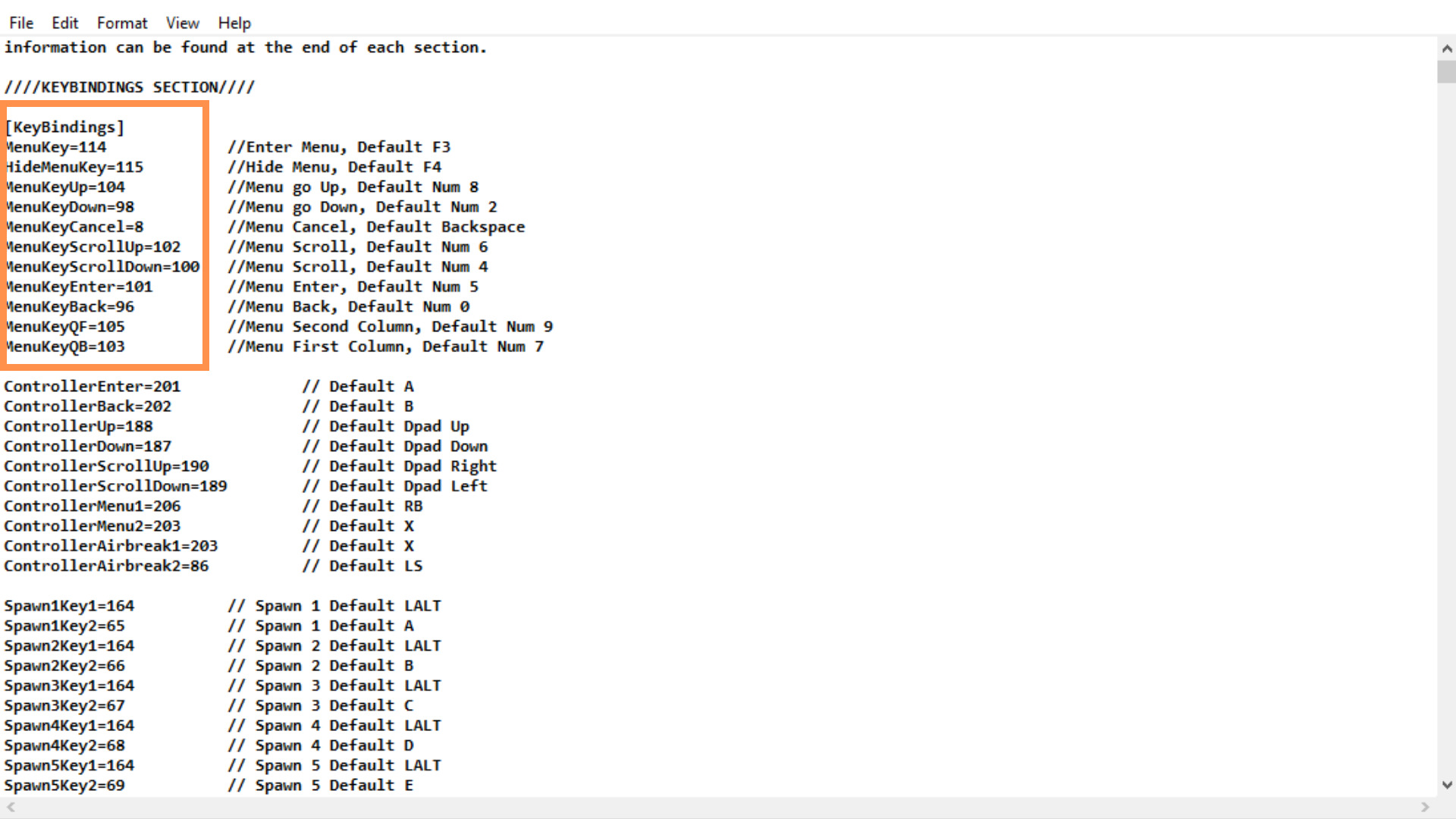 A screenshot showing the number codes for the keybindings in the trainerv.ini file