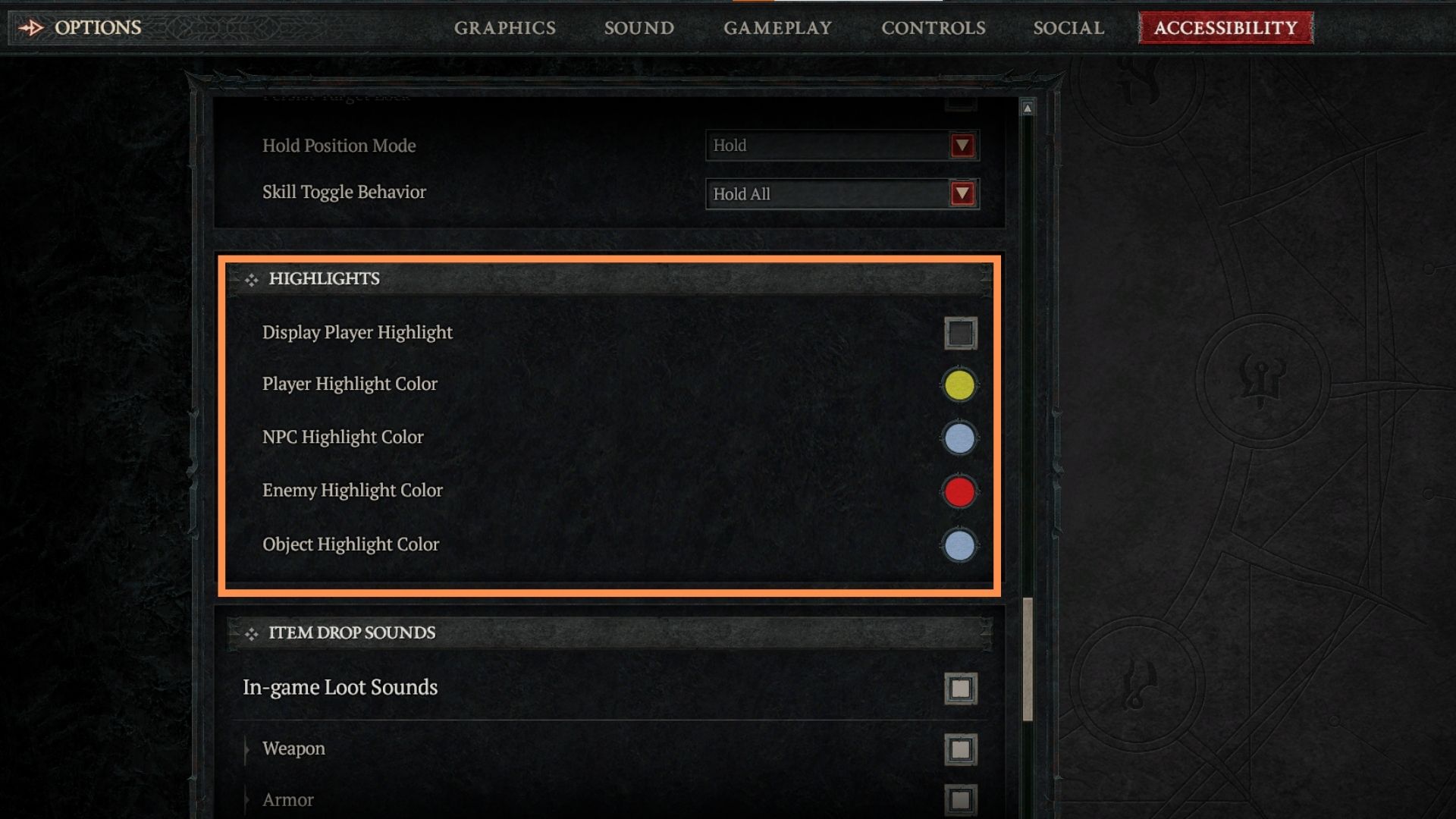 Turn on Display Player Highlight to add a color glow on your character in Diablo IV. 
