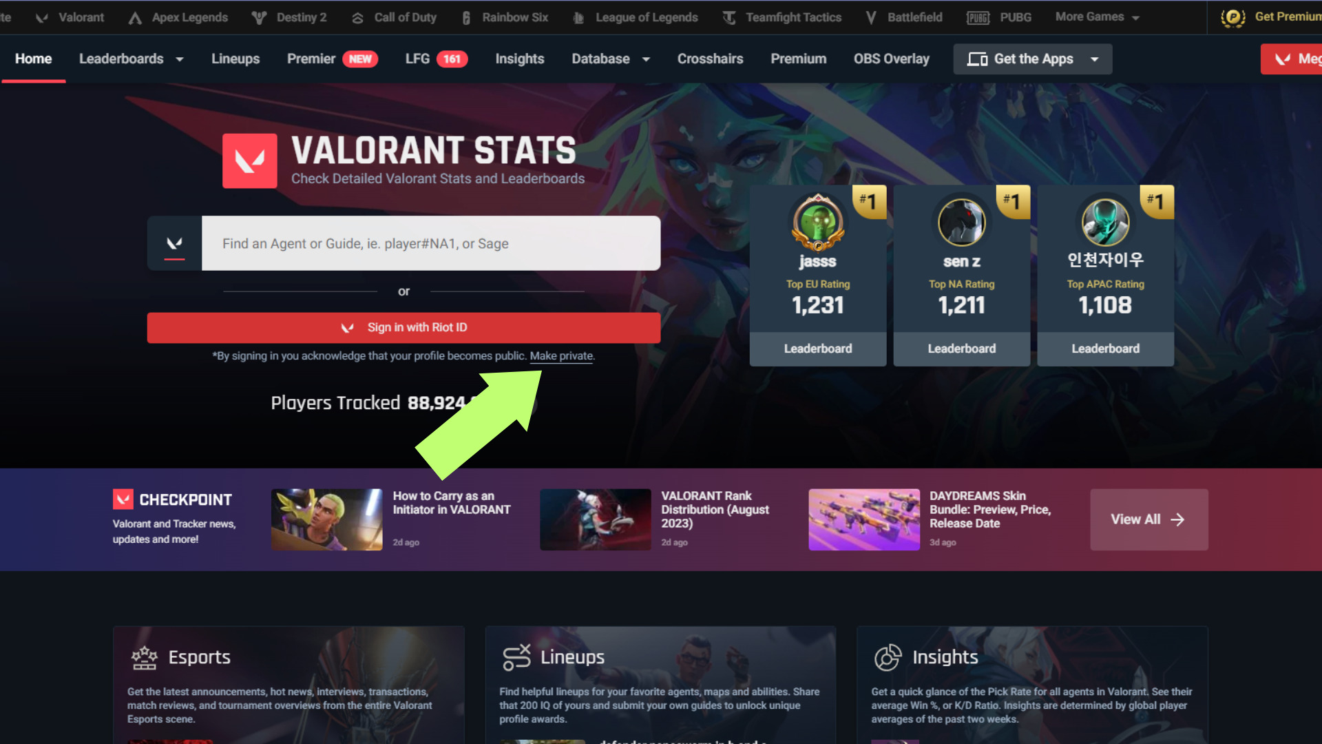 A screenshot showing where to click the "Make Private" button on Tracker.gg's website
